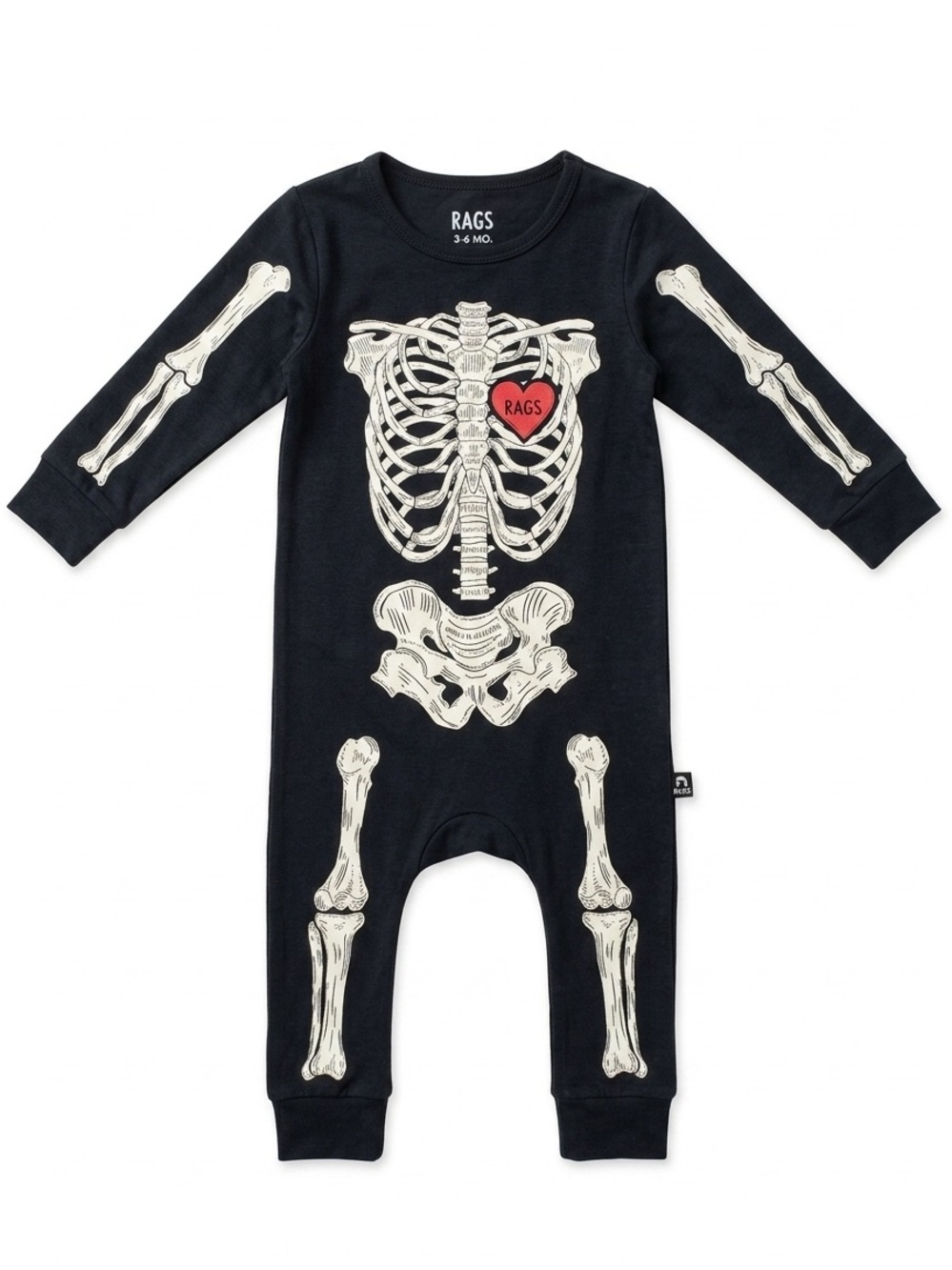 Rags to Raches Glow Skelly Skeleton Black Hoodie Romper Size 0-3M Halloween EUC